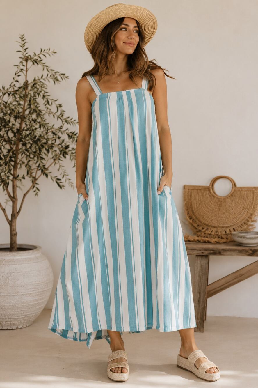 Sonoma Goods For Life Pintuck Tank Maxi Dress Teal Stripe Medium Petite